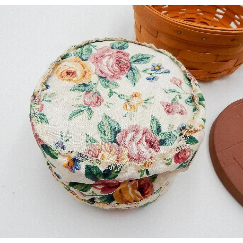 Longerberger 1996 Round Basket Leather Handles Fabric Liner and Warming Brick